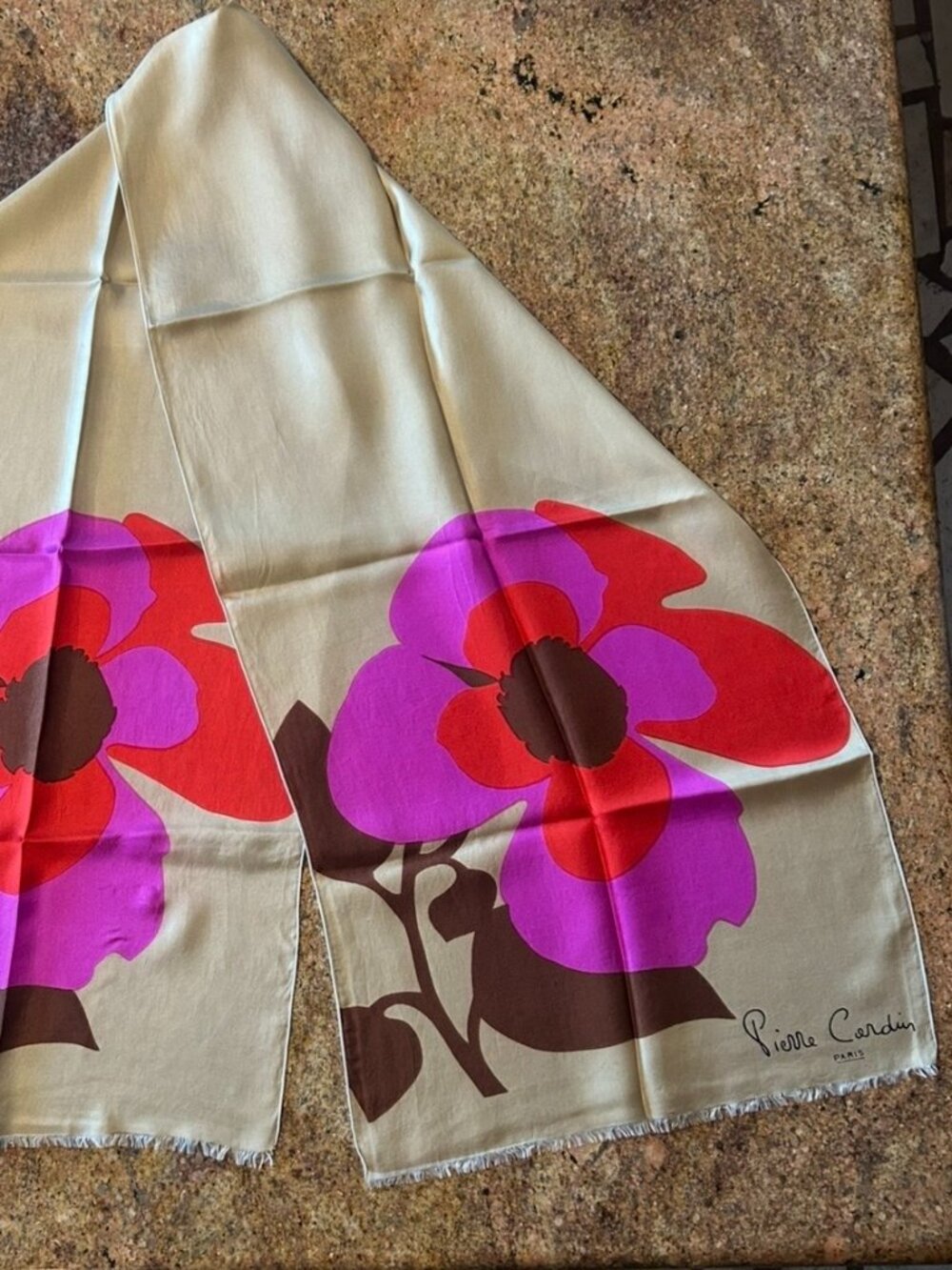 Vintage Pierre Cardin Paris Silk Golden Color with Floral Design Scarf